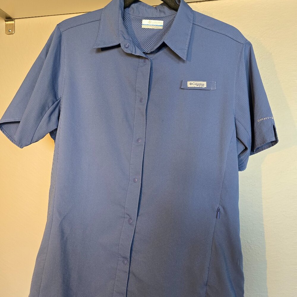 Columbia PFG Omni Freeze Women's Large Short Sleeve Stretch Casual Shirt Blue